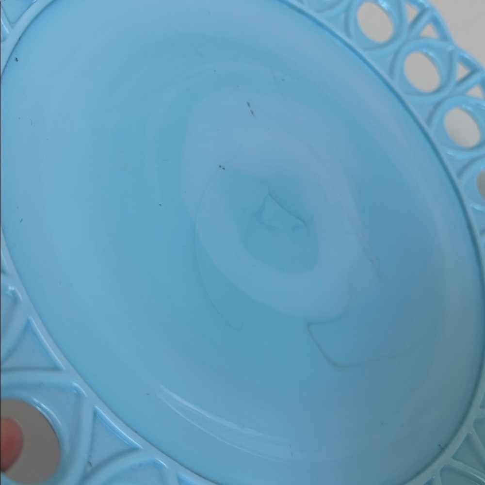Challinor & Taylor blue milk glass slag glass 8” and 10” scroll and eye plates - Picture 6 of 14